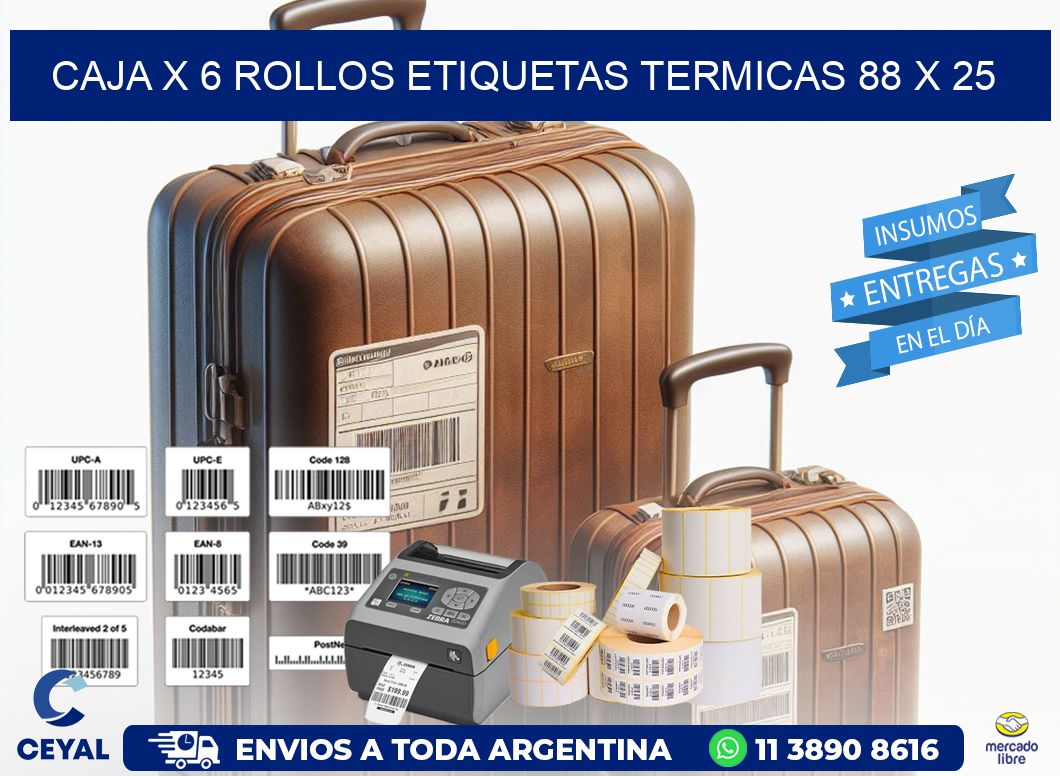 Caja X 6 Rollos Etiquetas termicas 88 x 25