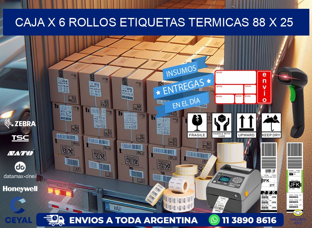 Caja X 6 Rollos Etiquetas termicas 88 x 25
