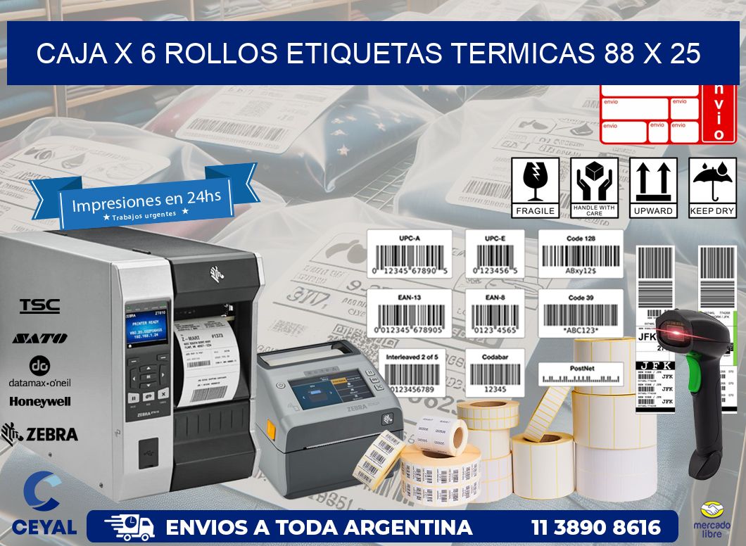 Caja X 6 Rollos Etiquetas termicas 88 x 25