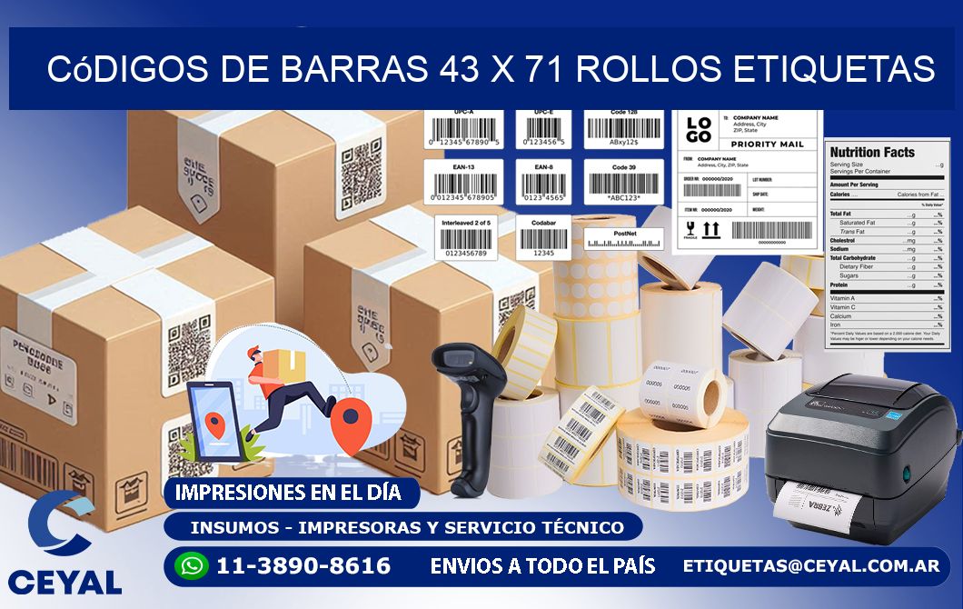 Códigos de Barras 43 x 71 ROLLOS ETIQUETAS