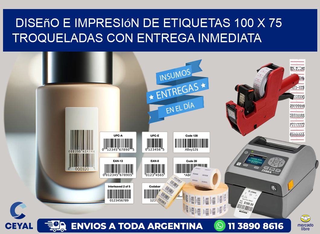 Diseño e impresión de etiquetas 100 x 75 troqueladas con entrega inmediata