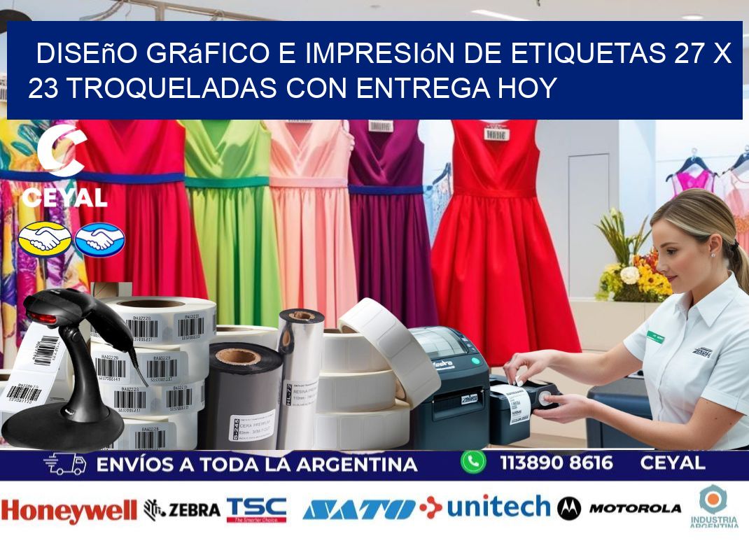 Diseño gráfico e impresión de etiquetas 27 x 23 troqueladas con entrega hoy