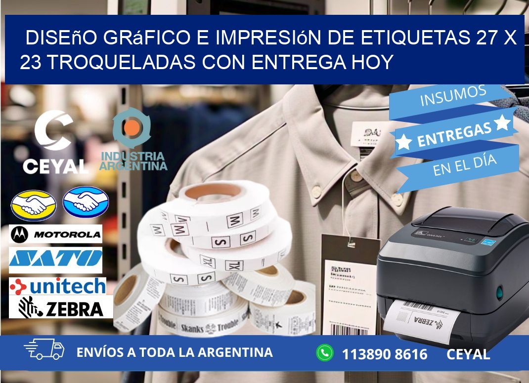 Diseño gráfico e impresión de etiquetas 27 x 23 troqueladas con entrega hoy