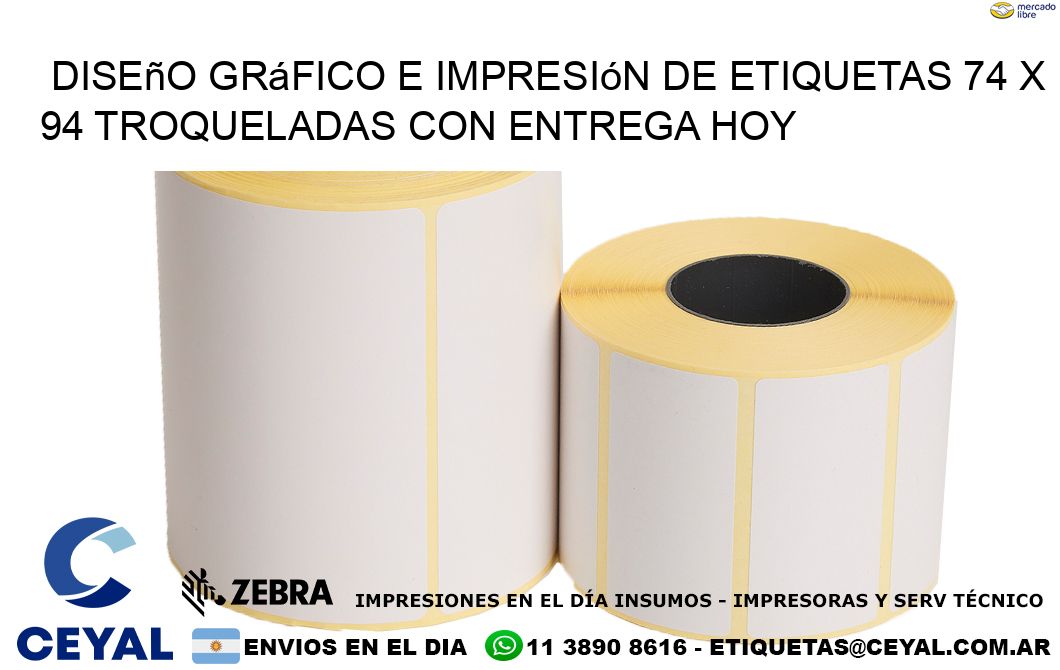 Diseño gráfico e impresión de etiquetas 74 x 94 troqueladas con entrega hoy