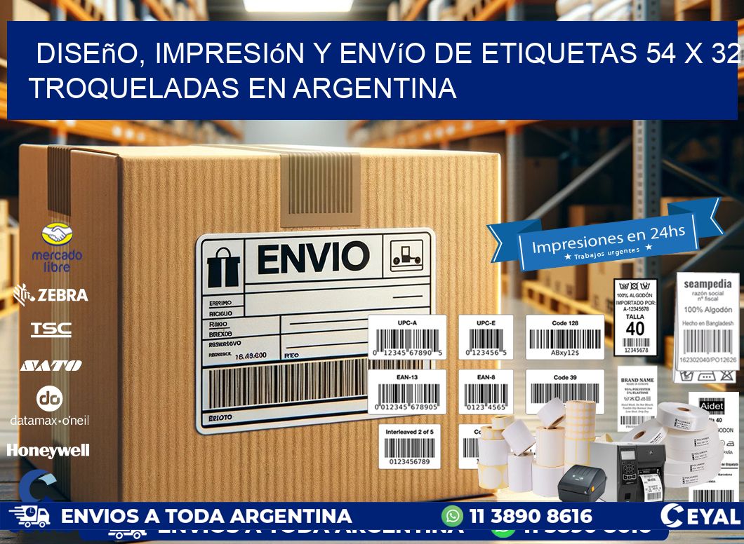 Diseño, impresión y envío de etiquetas 54 x 32 troqueladas en Argentina