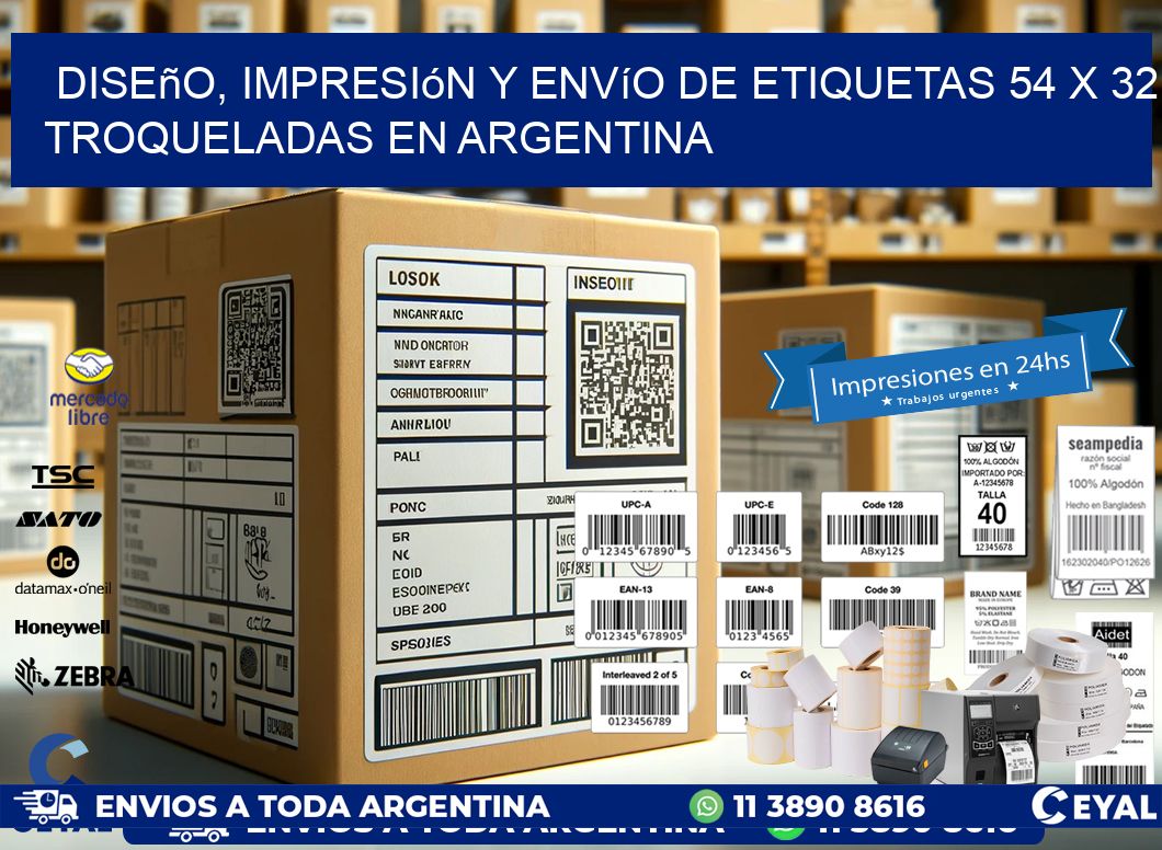 Diseño, impresión y envío de etiquetas 54 x 32 troqueladas en Argentina