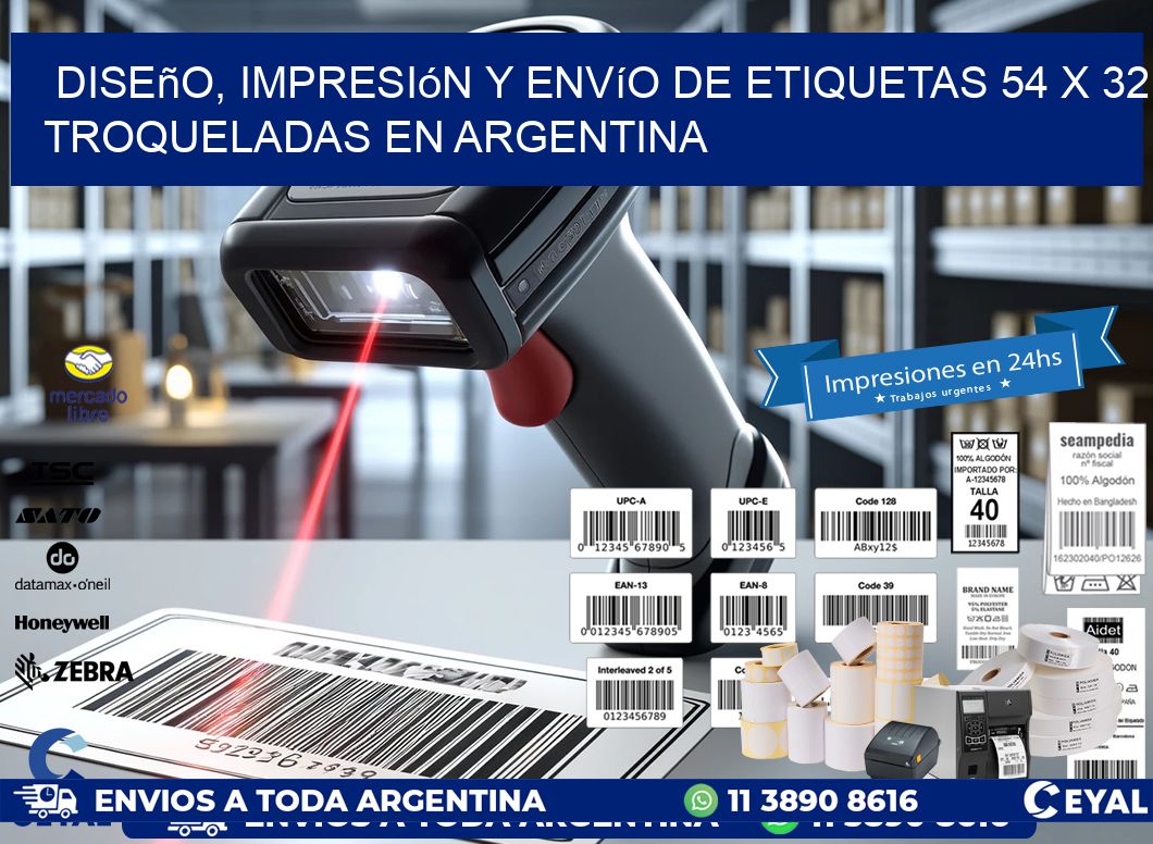 Diseño, impresión y envío de etiquetas 54 x 32 troqueladas en Argentina