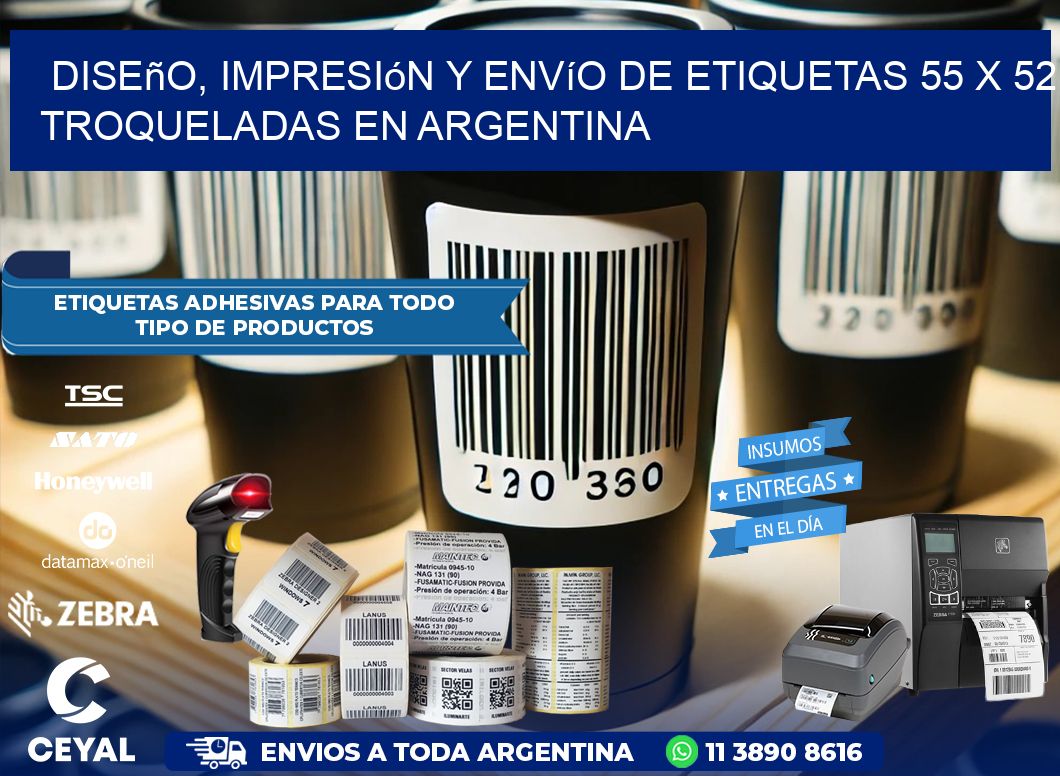 Diseño, impresión y envío de etiquetas 55 x 52 troqueladas en Argentina