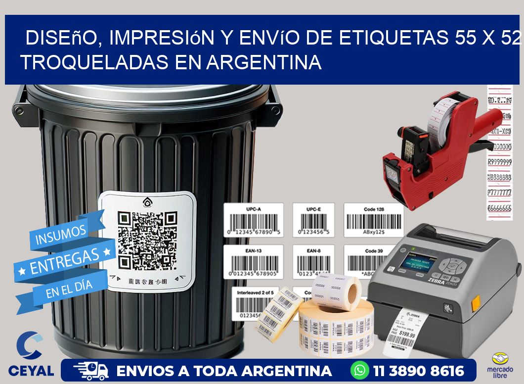 Diseño, impresión y envío de etiquetas 55 x 52 troqueladas en Argentina