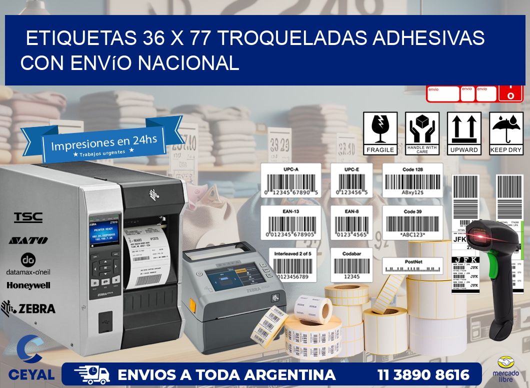 Etiquetas 36 x 77 troqueladas adhesivas con envío nacional