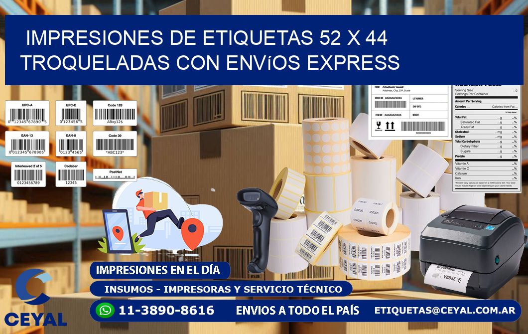 Impresiones de etiquetas 52 x 44 troqueladas con envíos express