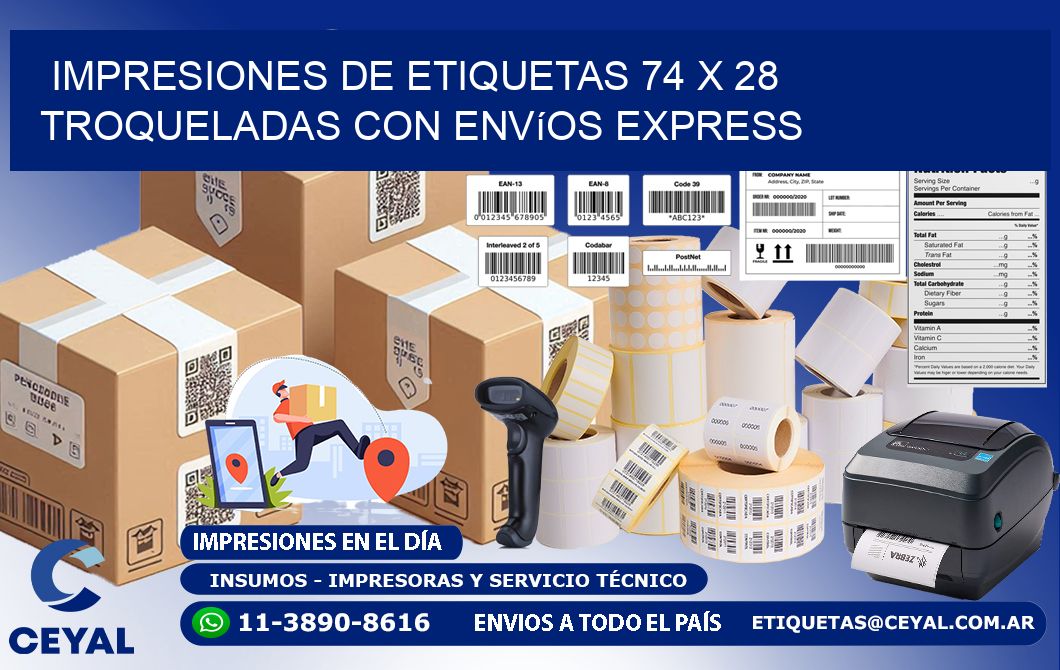 Impresiones de etiquetas 74 x 28 troqueladas con envíos express