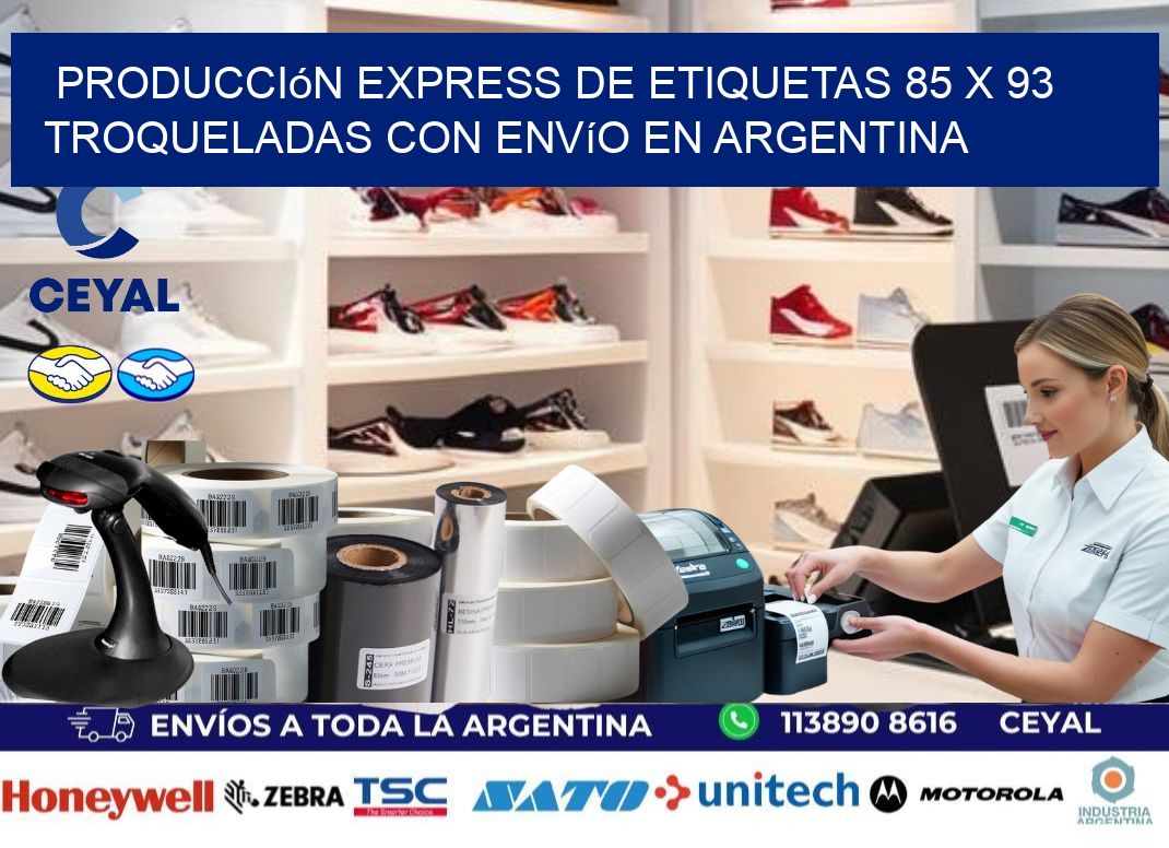 Producción express de etiquetas 85 x 93 troqueladas con envío en Argentina