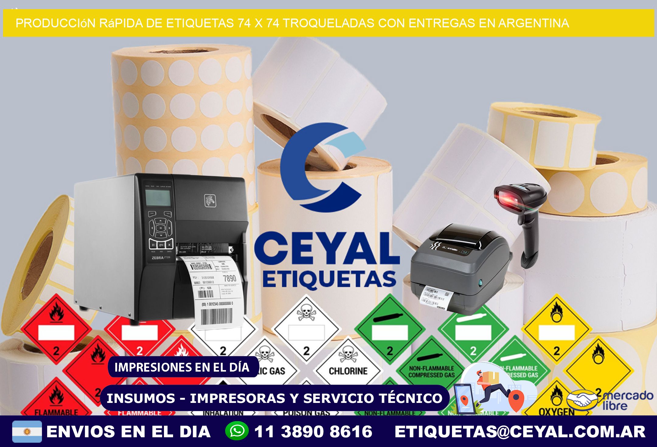 Producción rápida de etiquetas 74 x 74 troqueladas con entregas en Argentina
