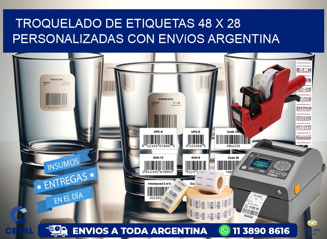 Troquelado de etiquetas 48 x 28 personalizadas con envíos Argentina