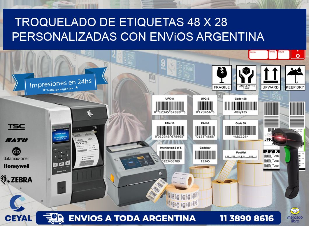 Troquelado de etiquetas 48 x 28 personalizadas con envíos Argentina