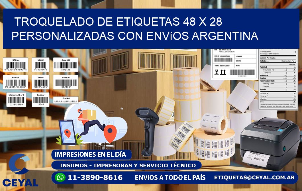 Troquelado de etiquetas 48 x 28 personalizadas con envíos Argentina
