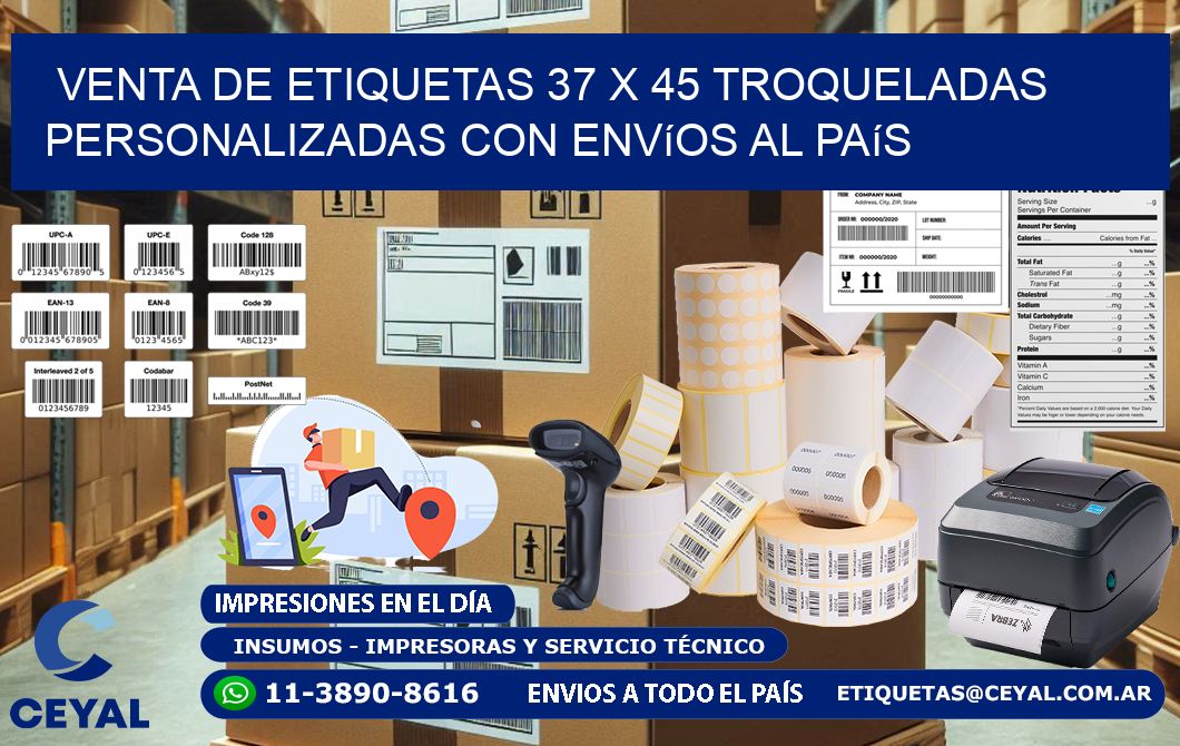 Venta de etiquetas 37 x 45 troqueladas personalizadas con envíos al país