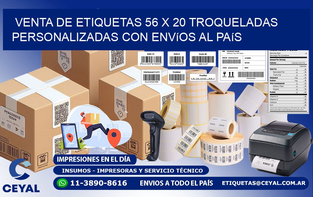Venta de etiquetas 56 x 20 troqueladas personalizadas con envíos al país