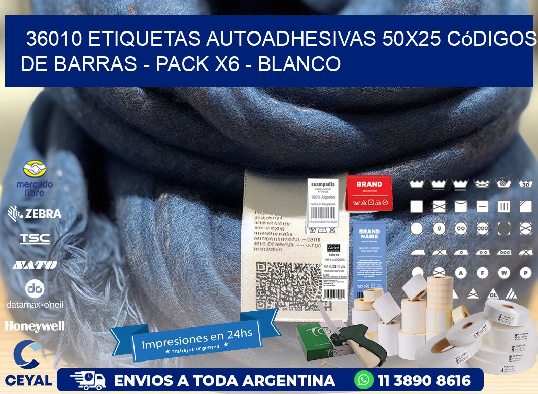 36010 Etiquetas Autoadhesivas 50x25 Códigos De Barras - Pack X6 - Blanco