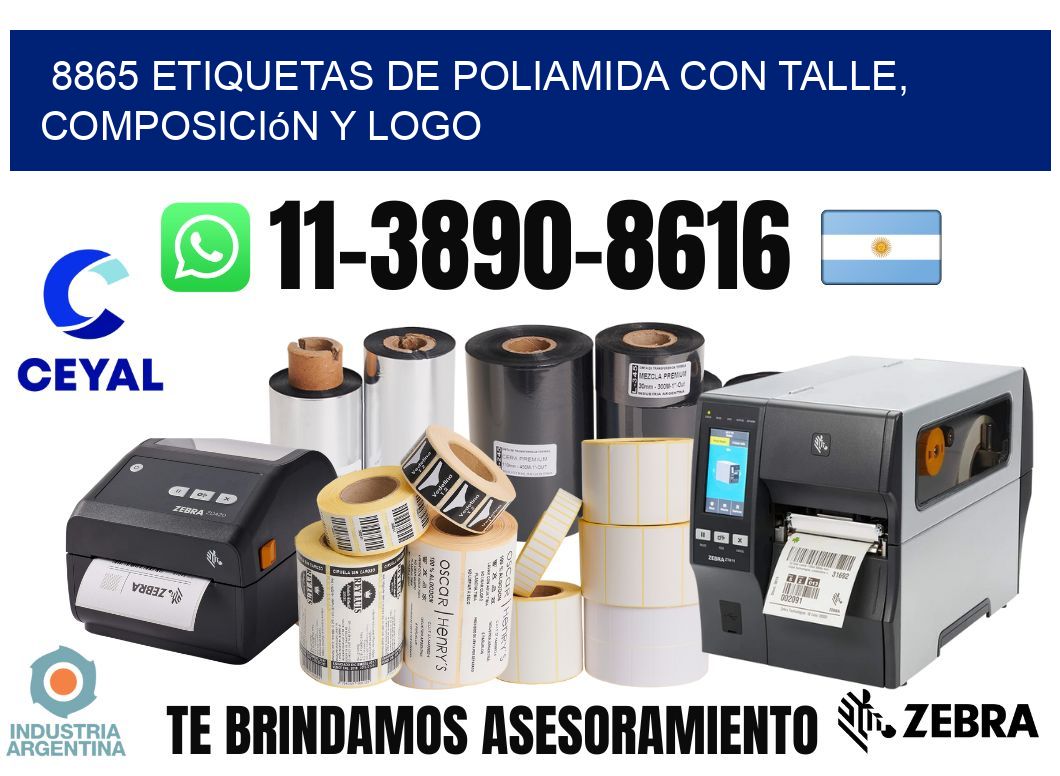 8865 Etiquetas de poliamida con talle, composición y logo