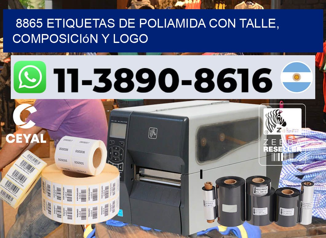 8865 Etiquetas de poliamida con talle, composición y logo