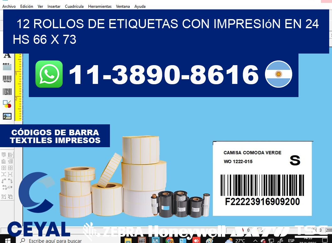 12 rollos de etiquetas con impresión en 24 hs 66 x 73