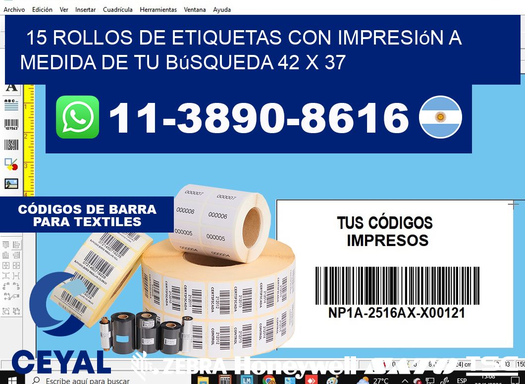 15 rollos de etiquetas con impresión a medida de tu búsqueda 42 x 37