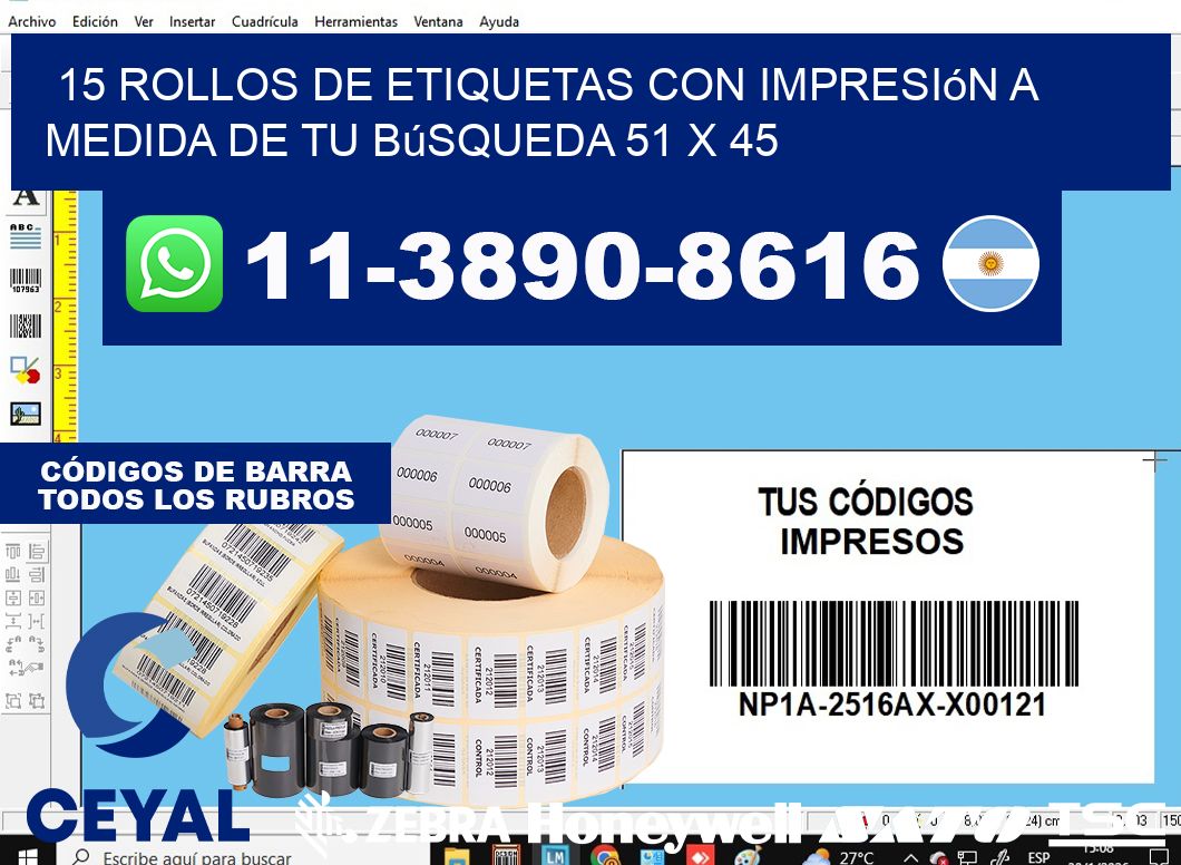 15 rollos de etiquetas con impresión a medida de tu búsqueda 51 x 45