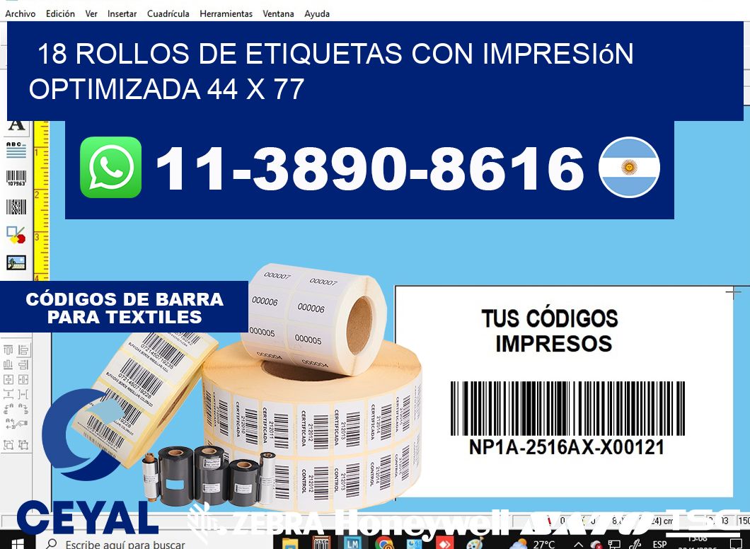18 rollos de etiquetas con impresión optimizada 44 x 77