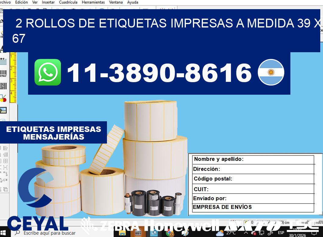 2 rollos de etiquetas impresas a medida 39 x 67