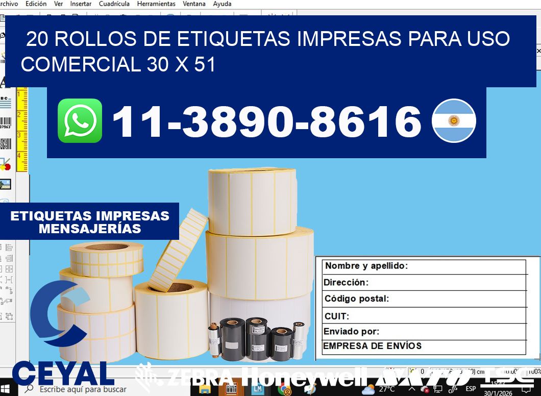 20 rollos de etiquetas impresas para uso comercial 30 x 51