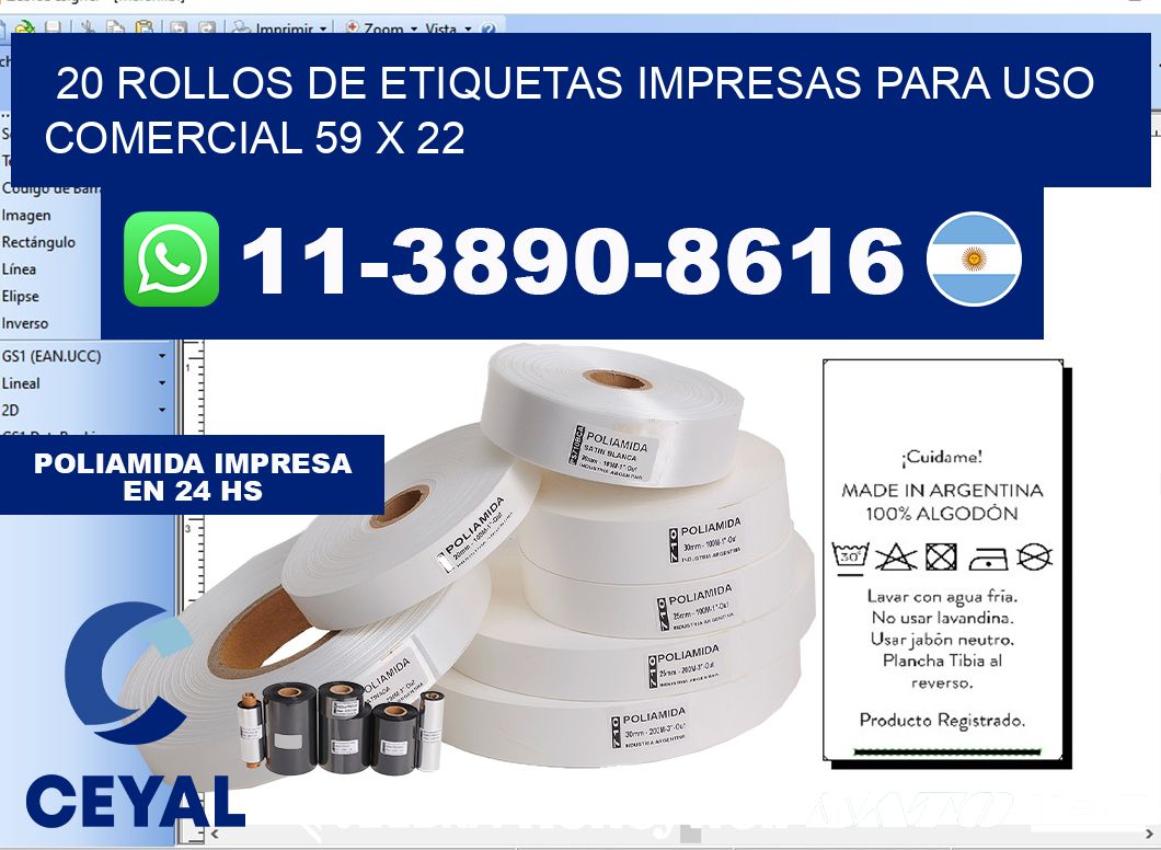 20 rollos de etiquetas impresas para uso comercial 59 x 22