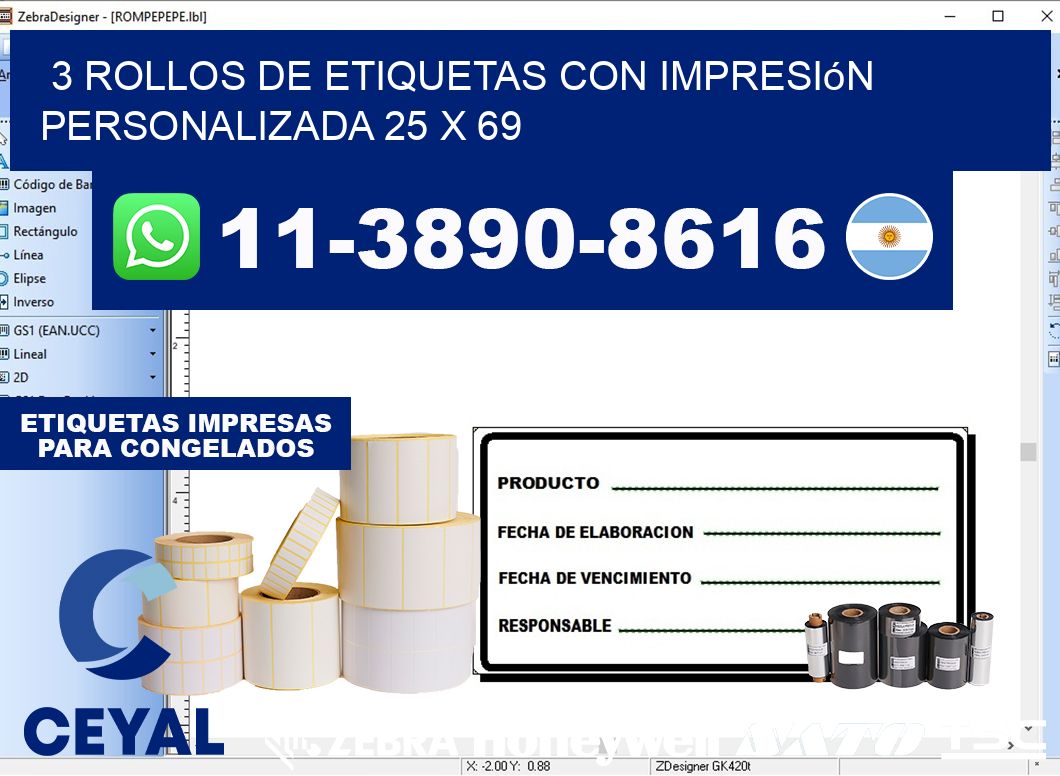 3 rollos de etiquetas con impresión personalizada 25 x 69