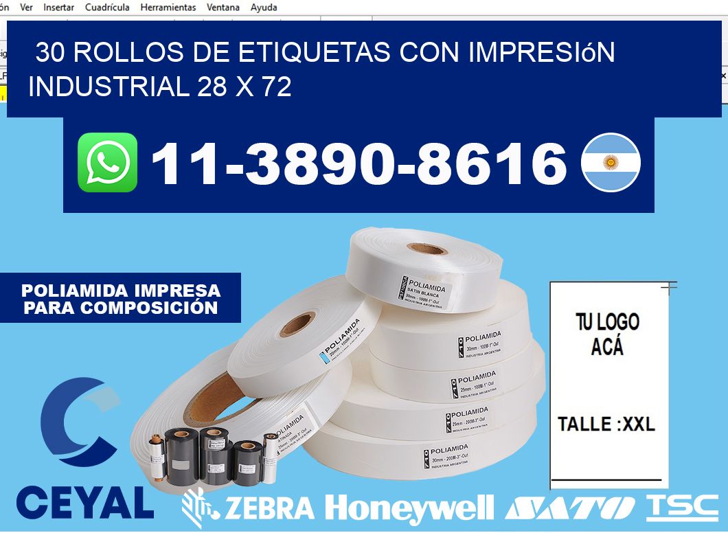 30 rollos de etiquetas con impresión industrial 28 x 72