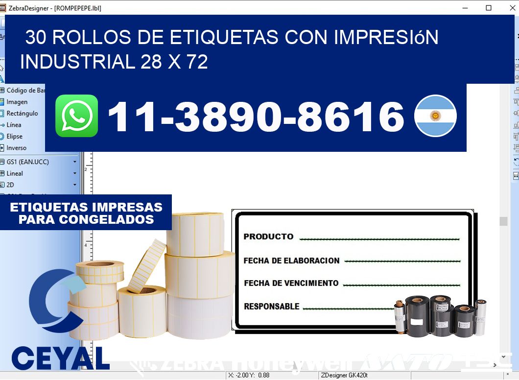 30 rollos de etiquetas con impresión industrial 28 x 72