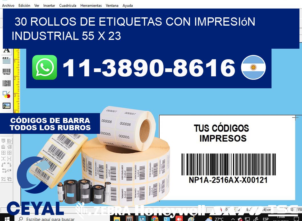 30 rollos de etiquetas con impresión industrial 55 x 23