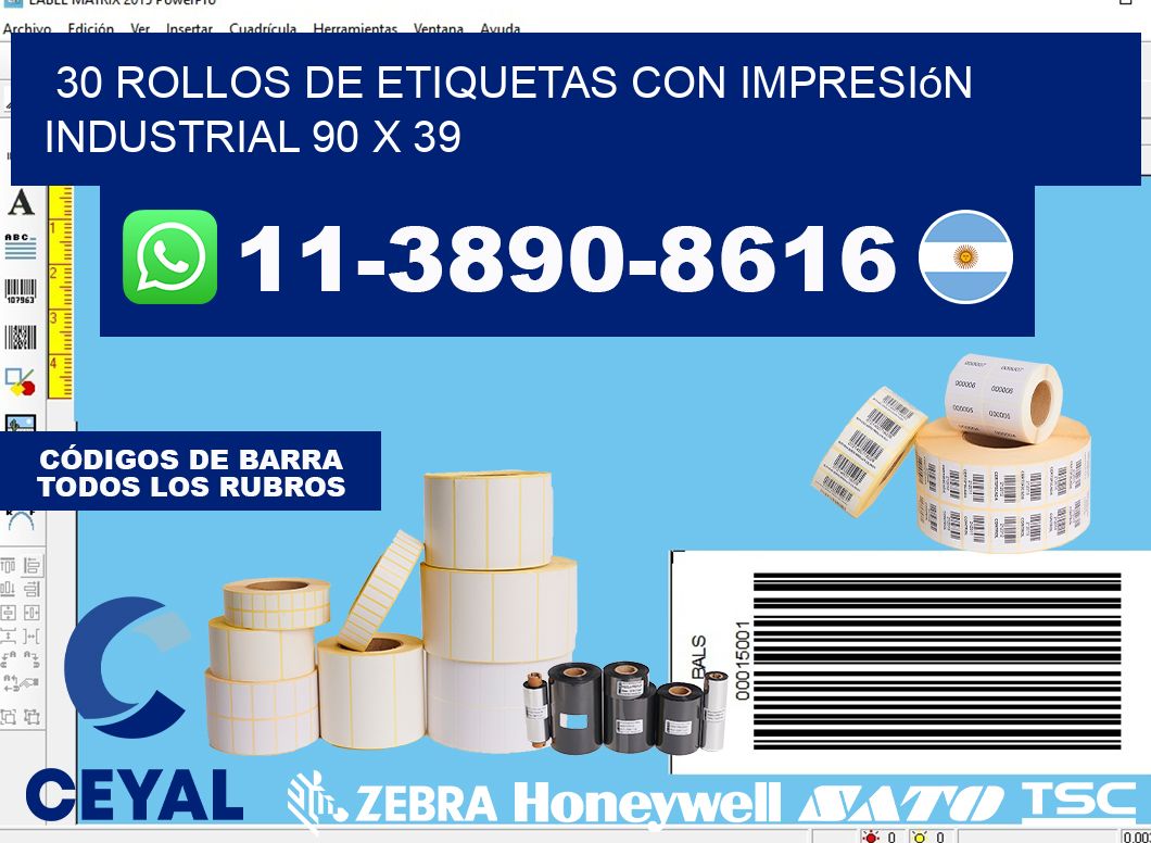 30 rollos de etiquetas con impresión industrial 90 x 39