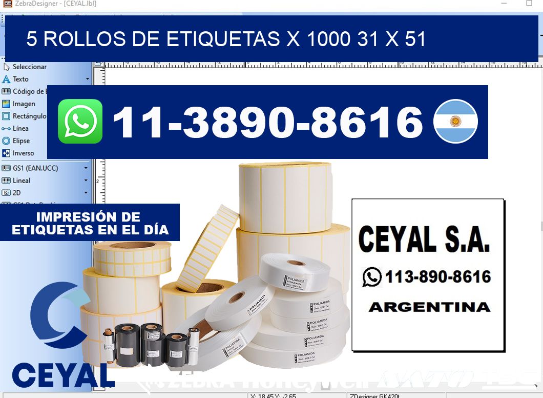 5 rollos de etiquetas x 1000 31 x 51