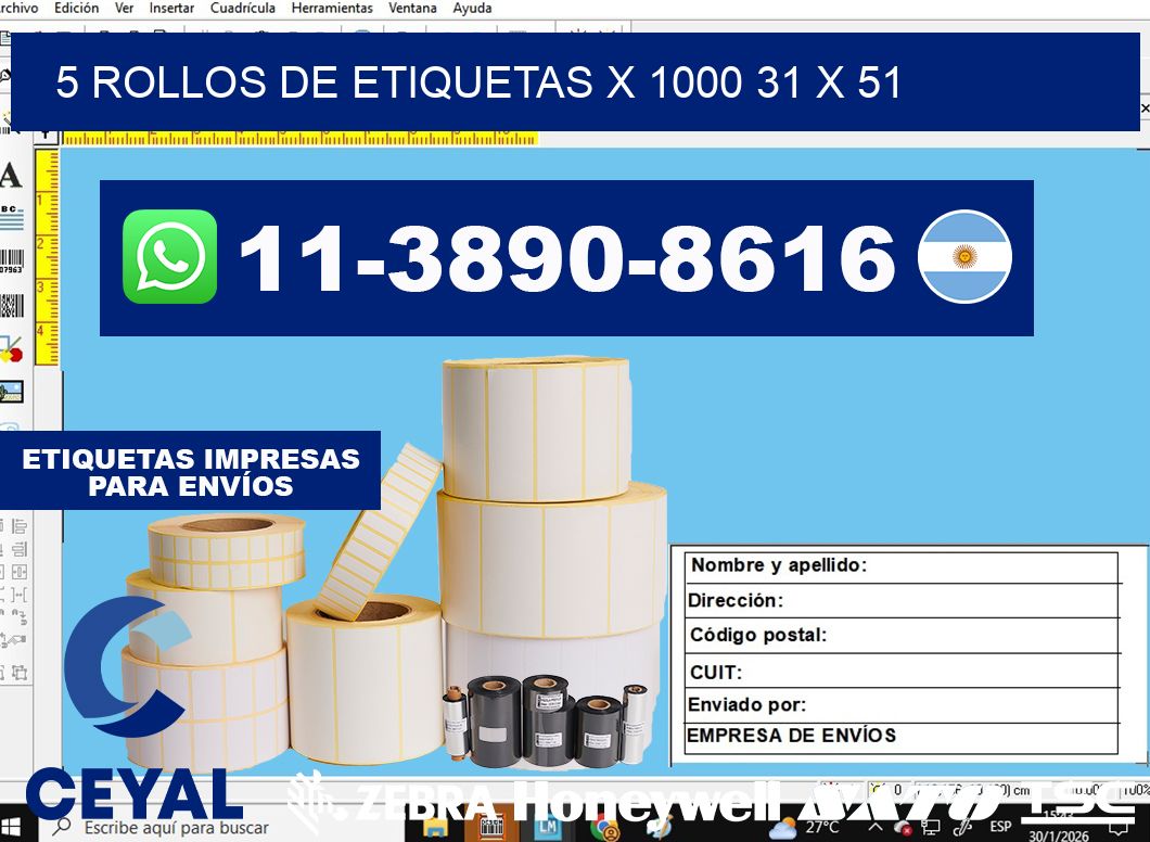 5 rollos de etiquetas x 1000 31 x 51