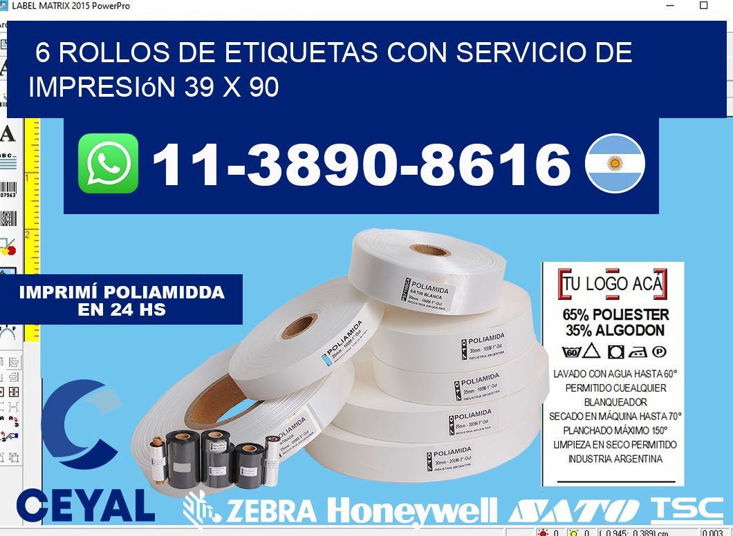6 rollos de etiquetas con servicio de impresión 39 x 90