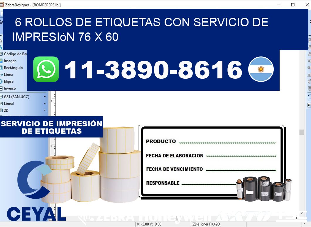 6 rollos de etiquetas con servicio de impresión 76 x 60
