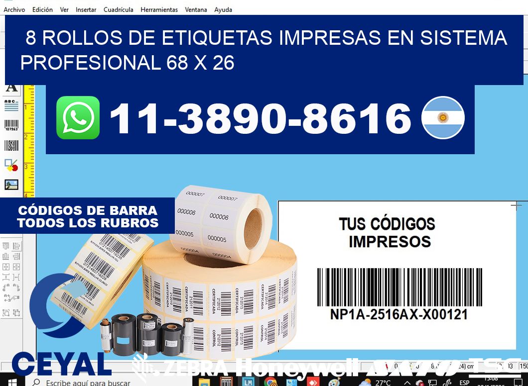 8 rollos de etiquetas impresas en sistema profesional 68 x 26