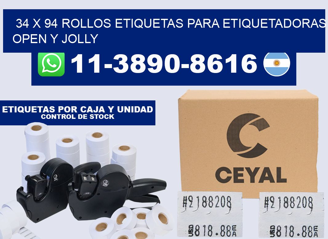 34 x 94 Rollos etiquetas para etiquetadoras open y jolly
