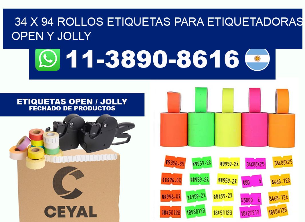 34 x 94 Rollos etiquetas para etiquetadoras open y jolly