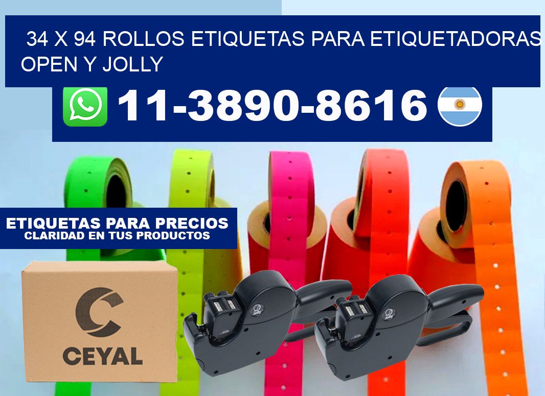 34 x 94 Rollos etiquetas para etiquetadoras open y jolly