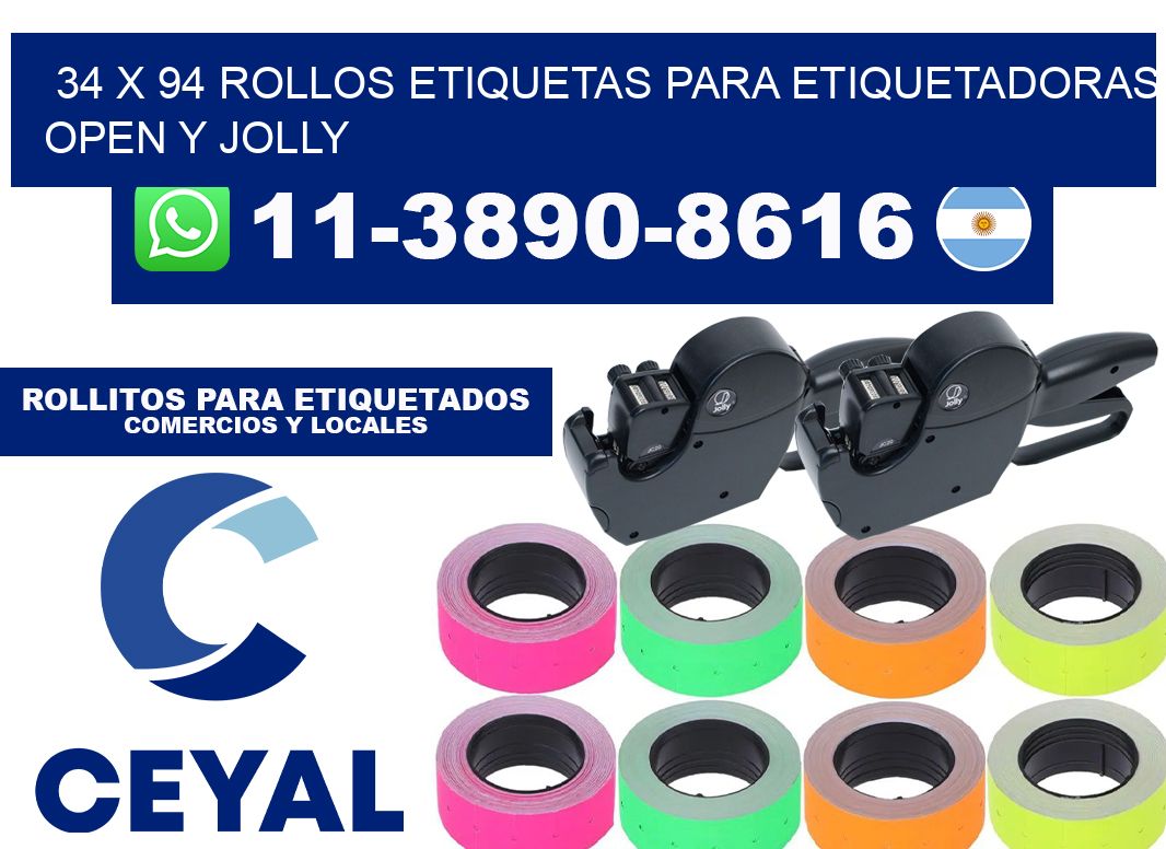 34 x 94 Rollos etiquetas para etiquetadoras open y jolly