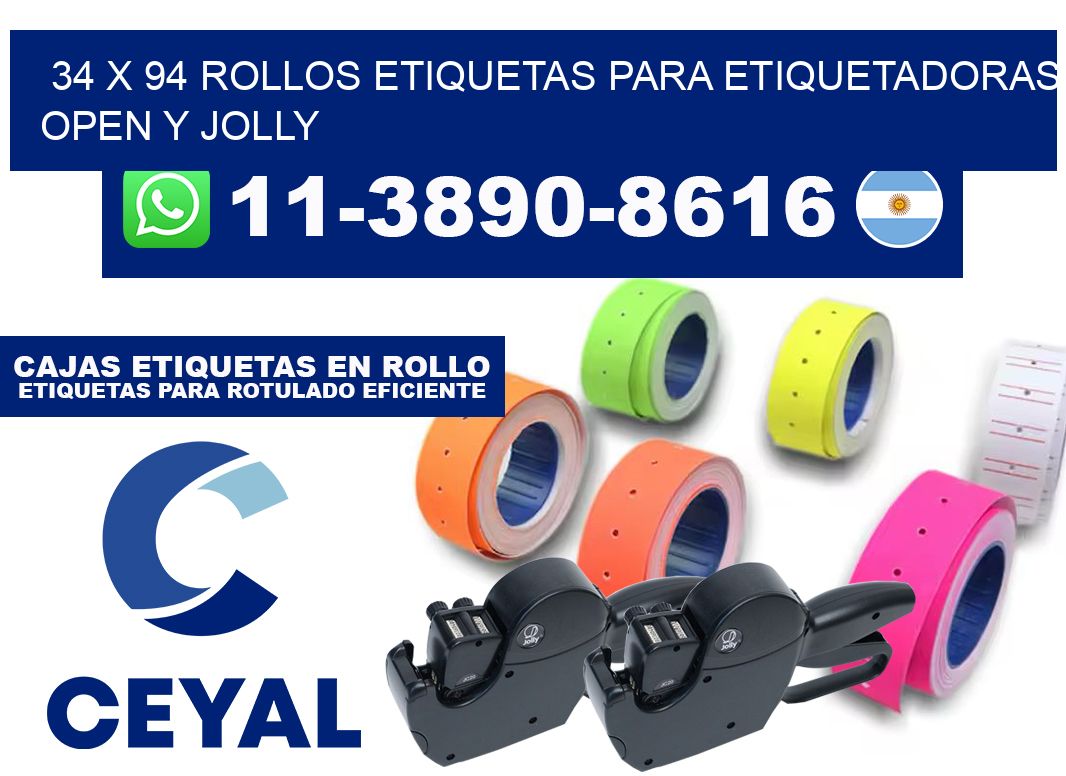 34 x 94 Rollos etiquetas para etiquetadoras open y jolly